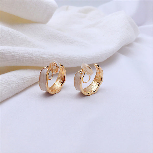 White Enamel Spiral Clip On Hoop Earrings