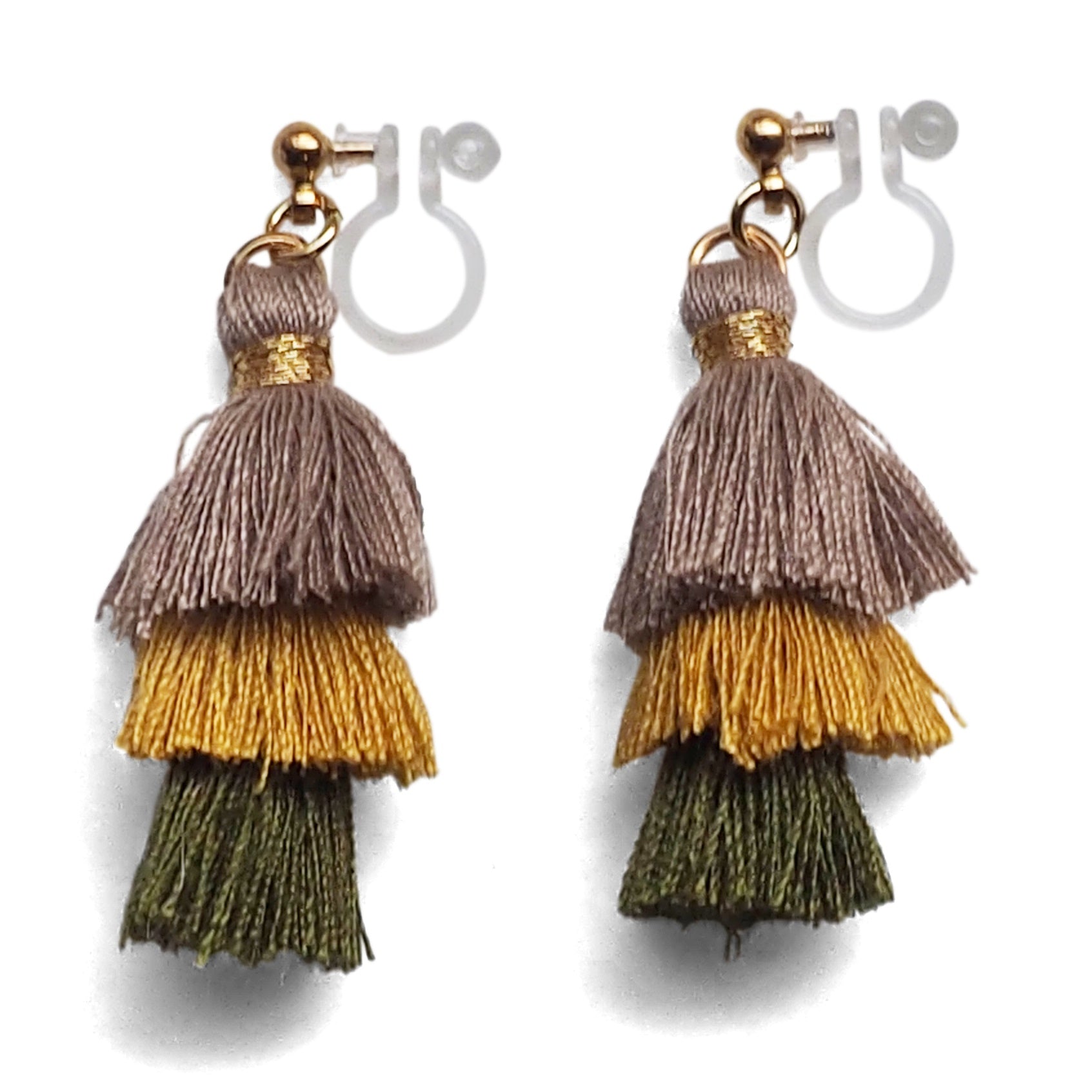 Three Layered Ombre Stacked Beige Yellow Green Tiered Tassel Invisible Clip On Earrings - Miyabi Grace
