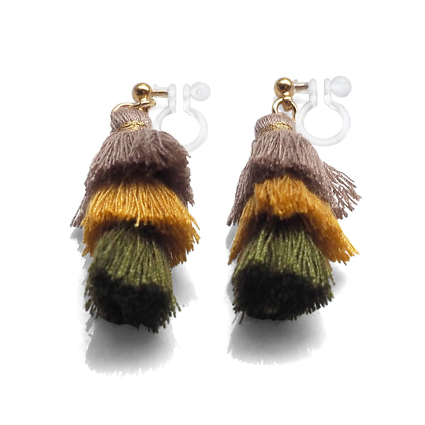 Three Layered Ombre Stacked Beige Yellow Green Tiered Tassel Invisible Clip On Earrings - Miyabi Grace