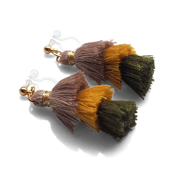Three Layered Ombre Stacked Beige Yellow Green Tiered Tassel Invisible Clip On Earrings - Miyabi Grace