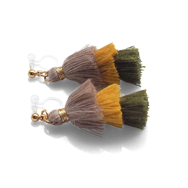 Three Layered Ombre Stacked Beige Yellow Green Tiered Tassel Invisible Clip On Earrings - Miyabi Grace