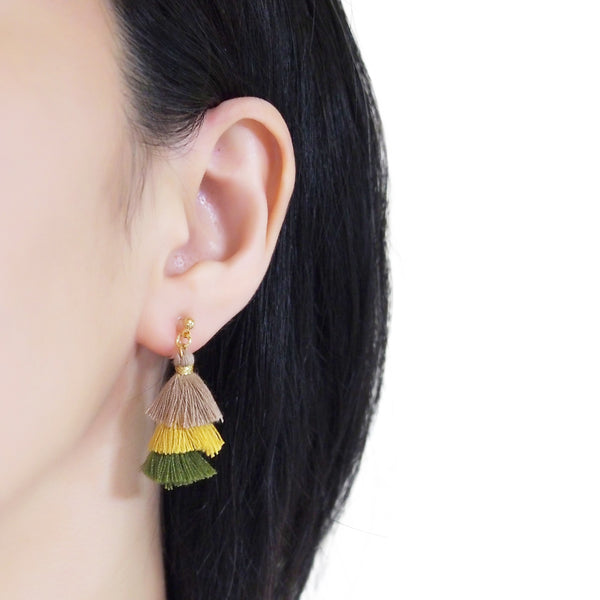 Three Layered Ombre Stacked Beige Yellow Green Tiered Tassel Invisible Clip On Earrings - Miyabi Grace