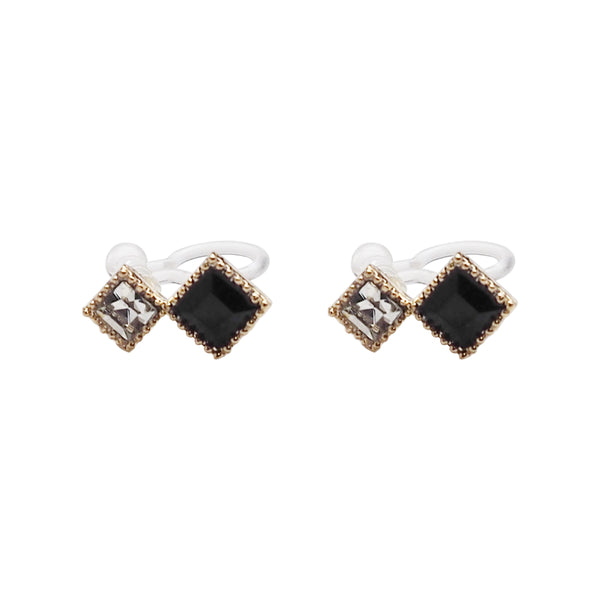 Square Black & Clear Swarovski Crystal Invisible Clip On Stud Earrings - Miyabi Grace