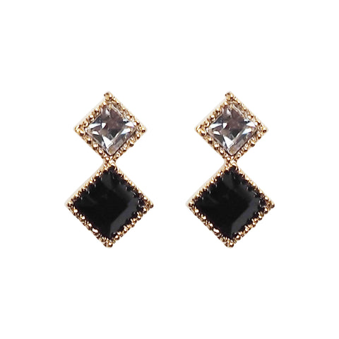 Square Black & Clear Swarovski Crystal Invisible Clip On Stud Earrings - Miyabi Grace