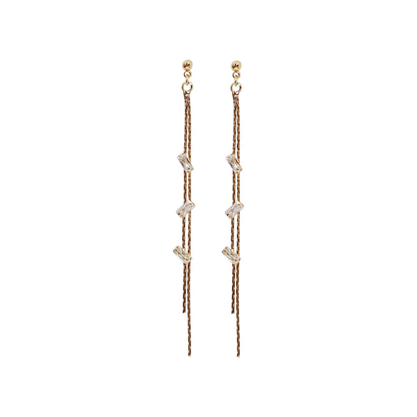 Gold chain rhinestone crystal dangle invisible clip on earrings - Miyabi Grace