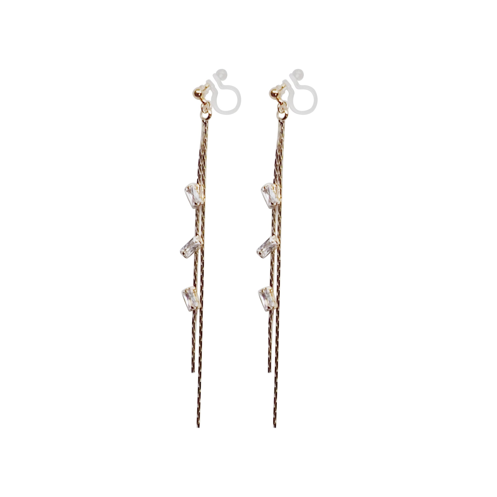 Gold chain rhinestone crystal dangle invisible clip on earrings - Miyabi Grace