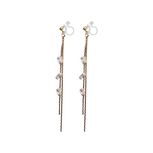 Gold chain rhinestone crystal dangle invisible clip on earrings - Miyabi Grace