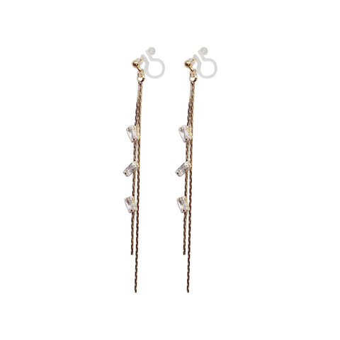 Gold chain rhinestone crystal dangle invisible clip on earrings - Miyabi Grace