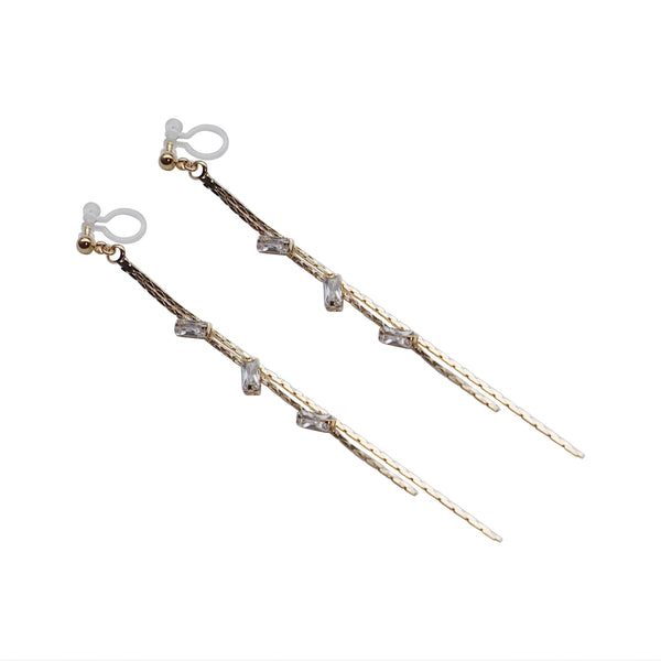 Gold chain rhinestone crystal dangle invisible clip on earrings - Miyabi Grace