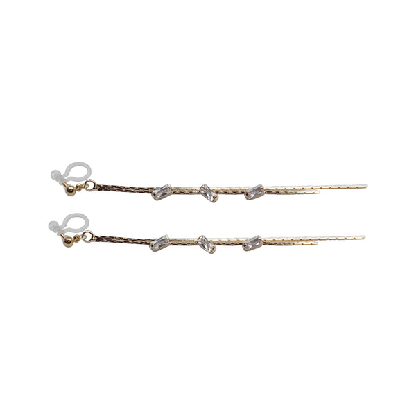 Gold chain rhinestone crystal dangle invisible clip on earrings - Miyabi Grace