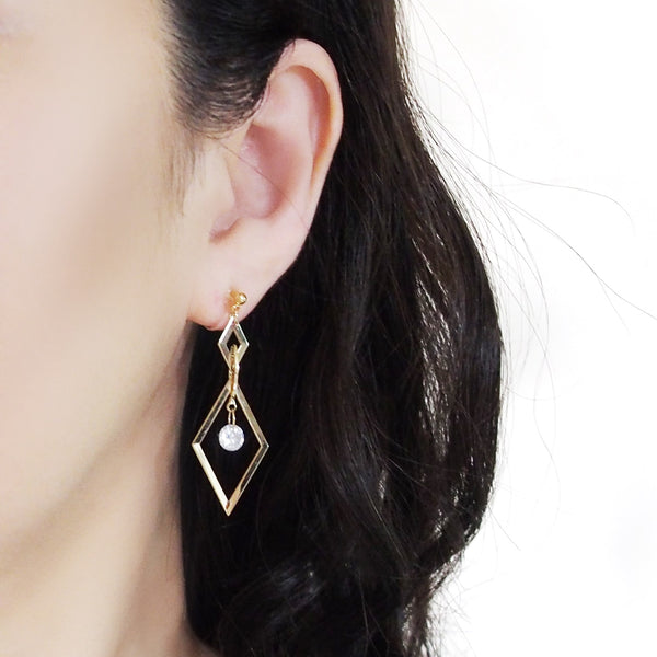 Gold diamond shape hoop cubic zirconia crystal dangle invisible clip on earrings - Miyabi Grace