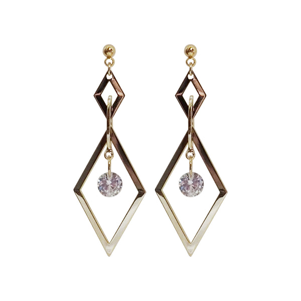 Gold diamond shape hoop cubic zirconia crystal dangle invisible clip on earrings - Miyabi Grace