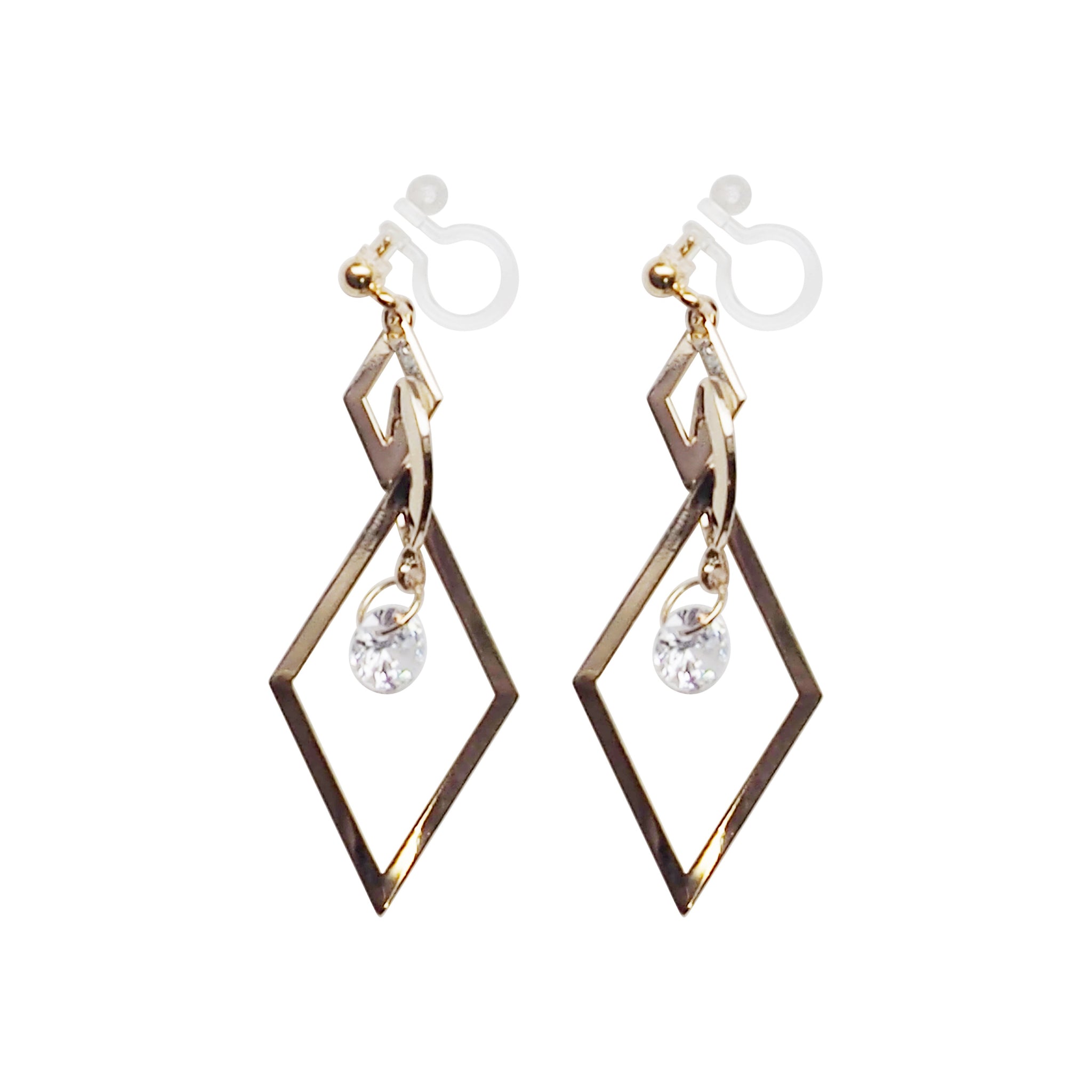 Gold diamond shape hoop cubic zirconia crystal dangle invisible clip on earrings - Miyabi Grace