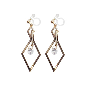 Gold diamond shape hoop cubic zirconia crystal dangle invisible clip on earrings - Miyabi Grace