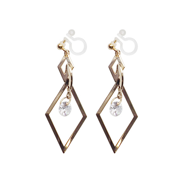 Gold diamond shape hoop cubic zirconia crystal dangle invisible clip on earrings - Miyabi Grace