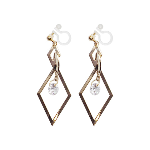 Gold diamond shape hoop cubic zirconia crystal dangle invisible clip on earrings - Miyabi Grace