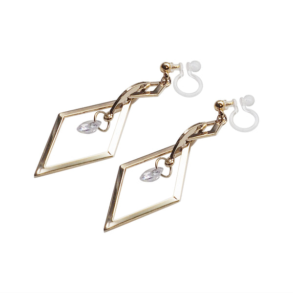 Gold diamond shape hoop cubic zirconia crystal dangle invisible clip on earrings - Miyabi Grace