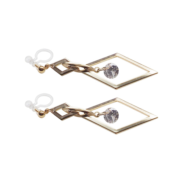 Gold diamond shape hoop cubic zirconia crystal dangle invisible clip on earrings - Miyabi Grace
