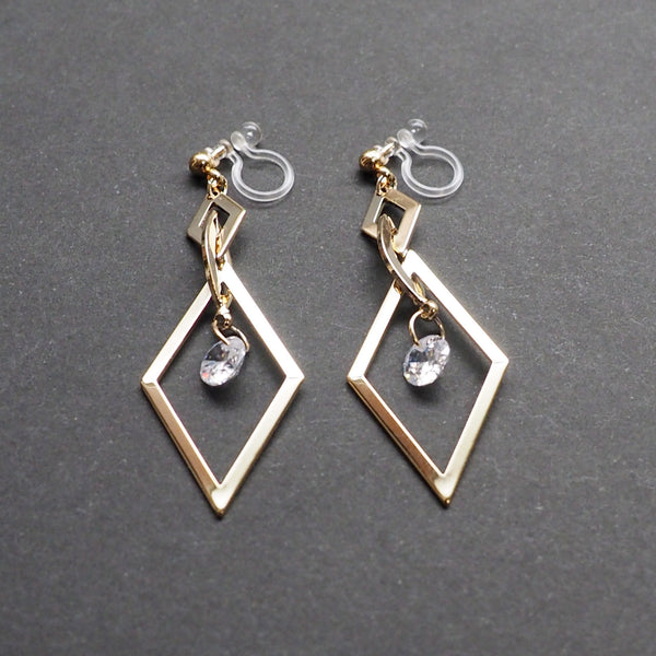 Gold diamond shape hoop cubic zirconia crystal dangle invisible clip on earrings - Miyabi Grace