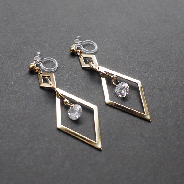 Gold diamond shape hoop cubic zirconia crystal dangle invisible clip on earrings - Miyabi Grace