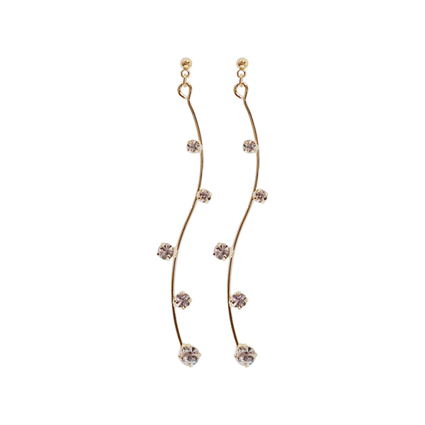 Gold waved bar rhinestone crystal dangle invisible clip on earrings - Miyabi Grace