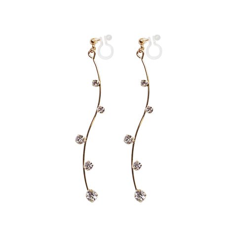 Gold waved bar rhinestone crystal dangle invisible clip on earrings - Miyabi Grace