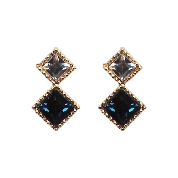 Square Navy Blue & Clear Swarovski Crystal Invisible Clip On Stud Earrings - Miyabi Grace