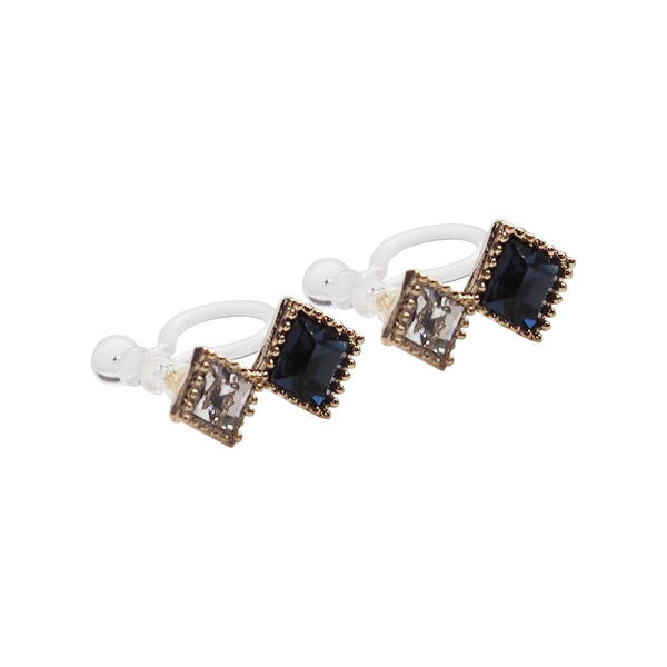 Square Navy Blue & Clear Swarovski Crystal Invisible Clip On Stud Earrings - Miyabi Grace