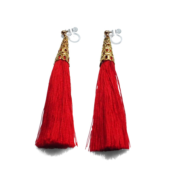 Long Red Tassel Invisible Clip On Earrings - Miyabi Grace