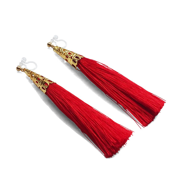 Long Red Tassel Invisible Clip On Earrings - Miyabi Grace