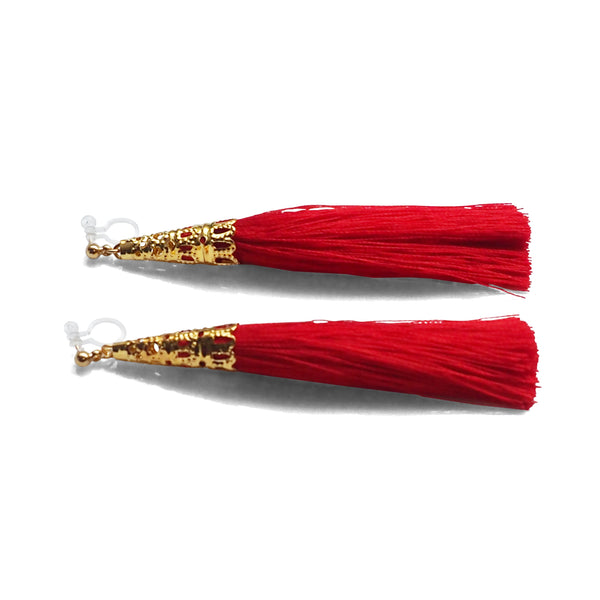 Long Red Tassel Invisible Clip On Earrings - Miyabi Grace