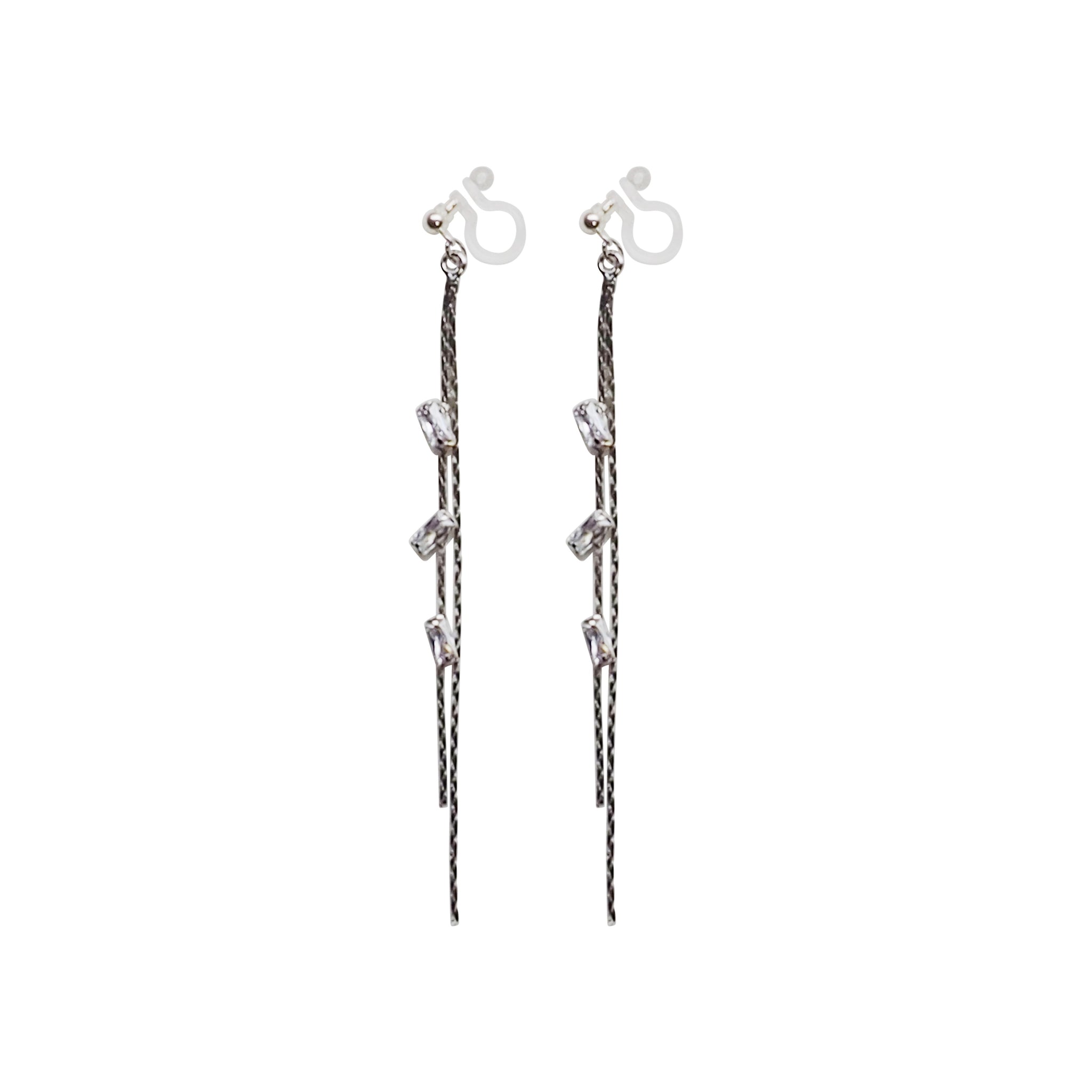 Silver chain rhinestone crystal dangle invisible clip on earrings - Miyabi Grace