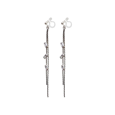Silver chain rhinestone crystal dangle invisible clip on earrings - Miyabi Grace