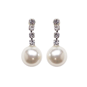 Dangle White Pearl & Crystal Invisible Clip On Earrings (Silver tone) - Miyabi Grace