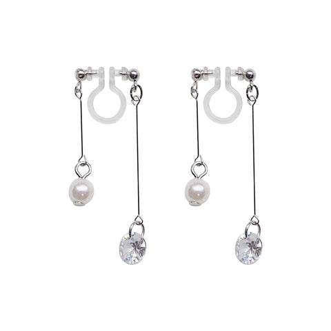 Silver double sided pearl & cubic zirconia crystal dangle invisible clip on earrings - Miyabi Grace