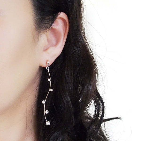 Silver waved bar rhinestone crystal dangle invisible clip on earrings - Miyabi Grace