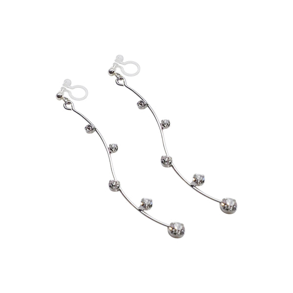 Silver waved bar rhinestone crystal dangle invisible clip on earrings - Miyabi Grace