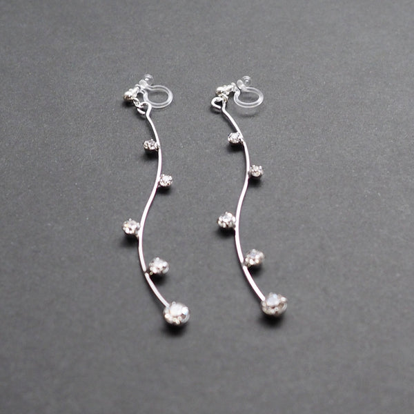 Silver waved bar rhinestone crystal dangle invisible clip on earrings - Miyabi Grace