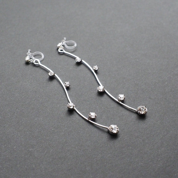 Silver waved bar rhinestone crystal dangle invisible clip on earrings - Miyabi Grace