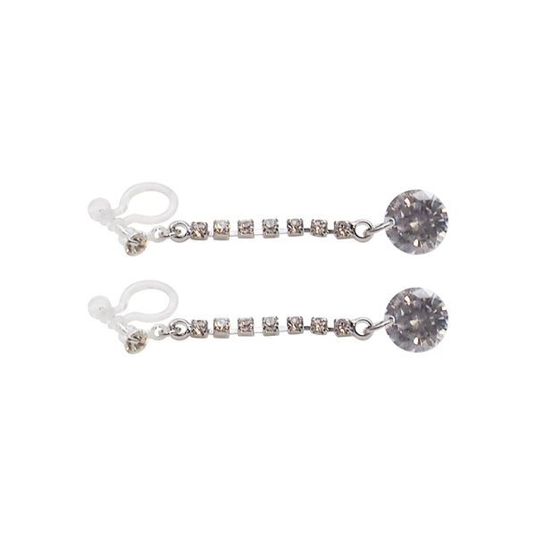Silver cubic zirconia crystal dangle invisible clip on earrings - Miyabi Grace