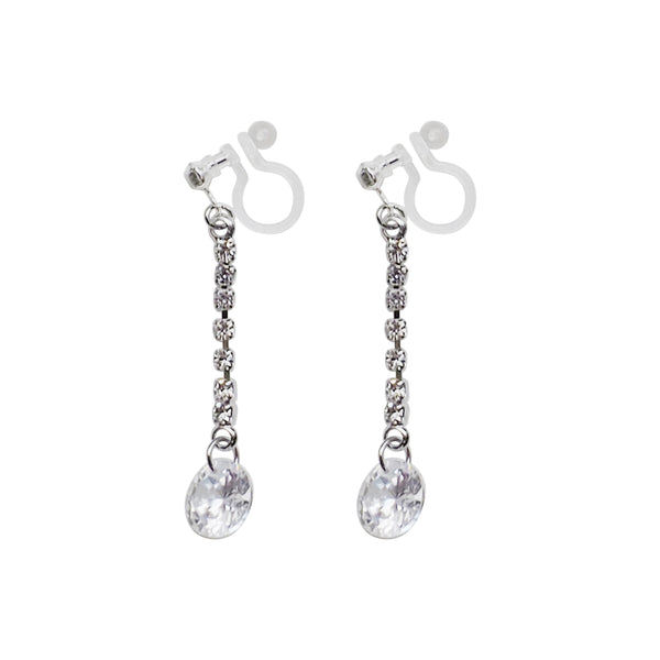 Silver cubic zirconia crystal dangle invisible clip on earrings - Miyabi Grace