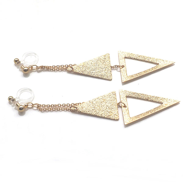 Metallic gold double triangle invisible clip on earrings - Miyabi Grace
