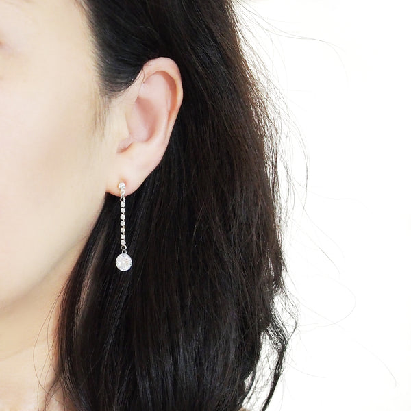 Silver cubic zirconia crystal dangle invisible clip on earrings - Miyabi Grace
