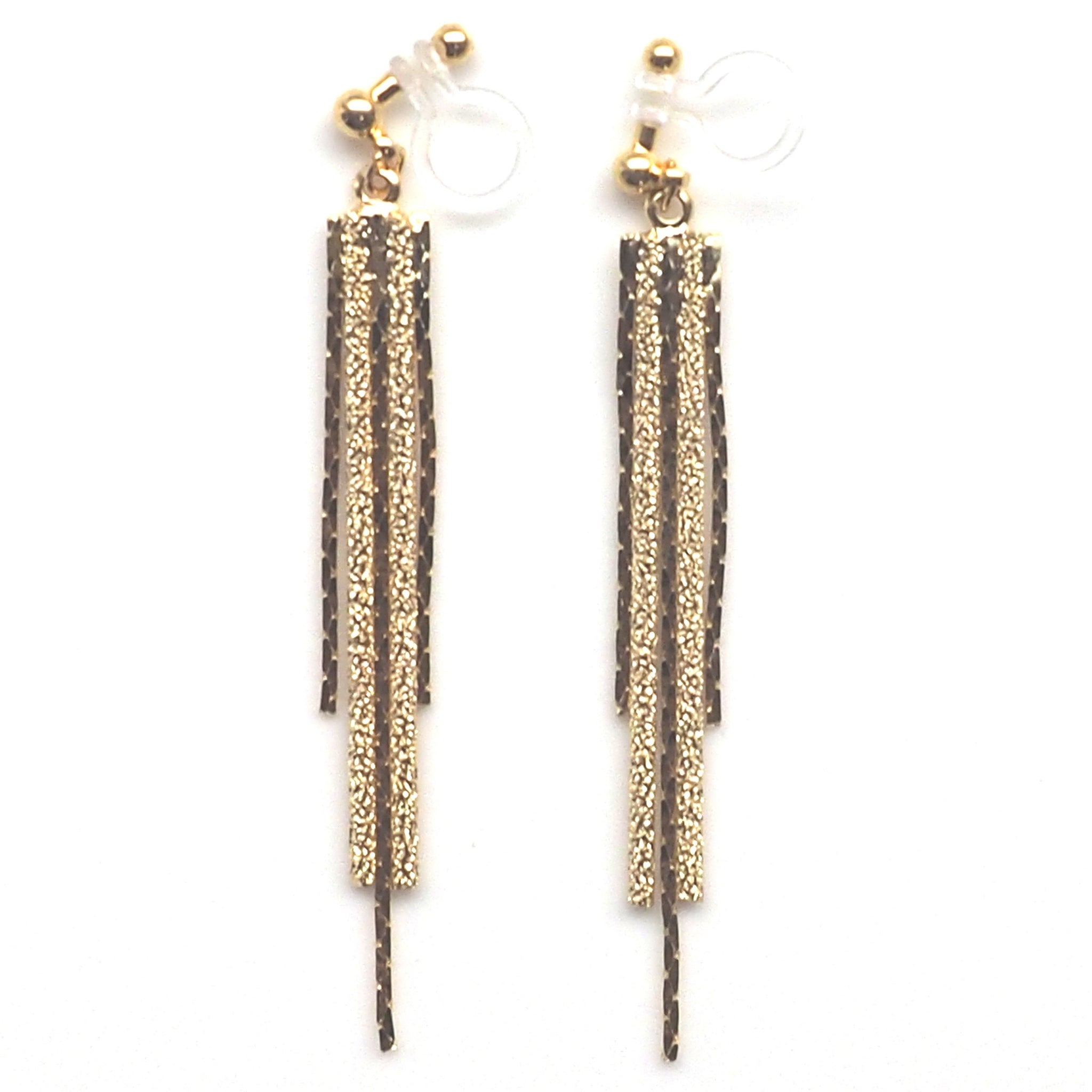 Long gold metallic chain invisible clip on earrings - Miyabi Grace