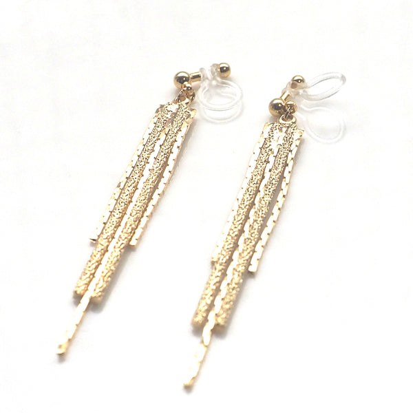 Long gold metallic chain invisible clip on earrings - Miyabi Grace