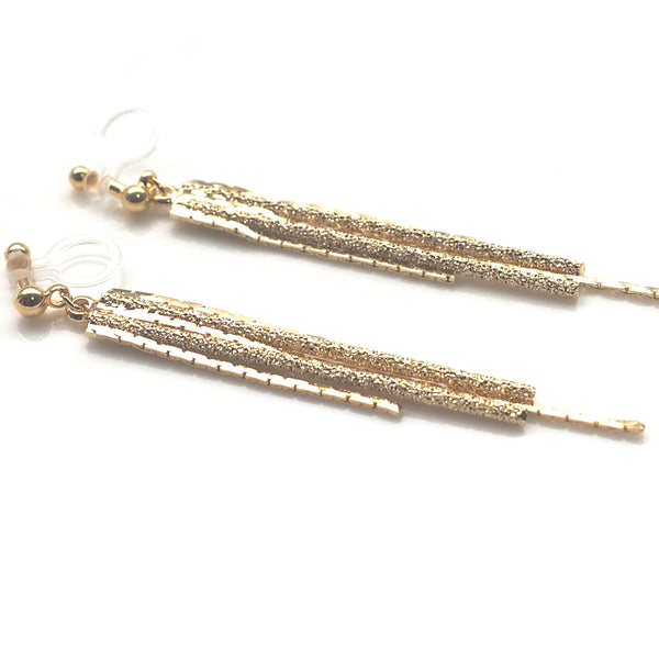 Long gold metallic chain invisible clip on earrings - Miyabi Grace