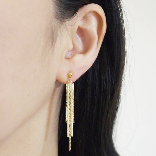 Long gold metallic chain invisible clip on earrings - Miyabi Grace