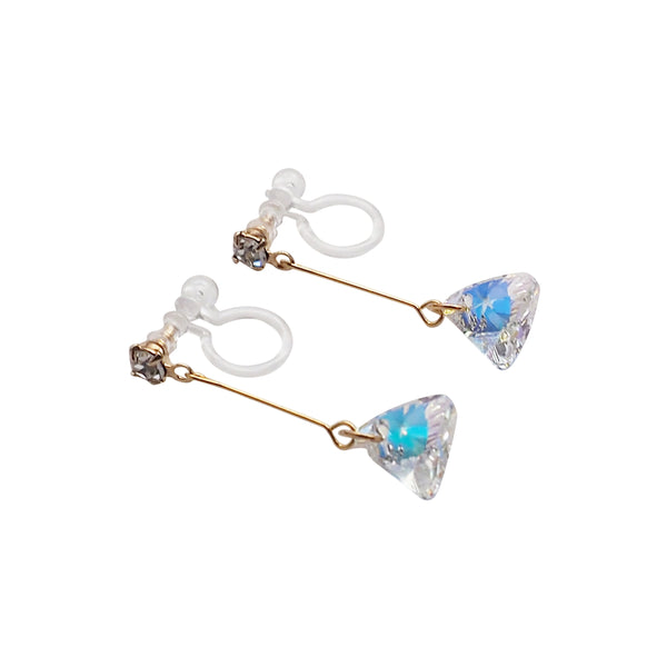 Dangle Aurora Borealis Triangle Swarovski Crystal Invisible Clip On Earrings (Gold tone) - Miyabi Grace