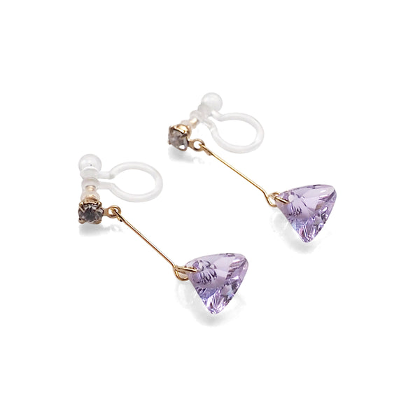 Dangle Violet Light Purple Triangle Swarovski Crystal Invisible Clip On Earrings (Gold tone) - Miyabi Grace