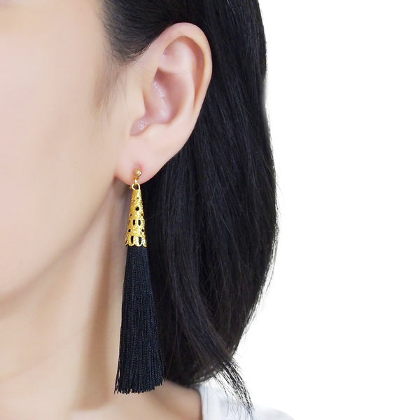 Long Black Tassel Invisible Clip On Earrings - Miyabi Grace